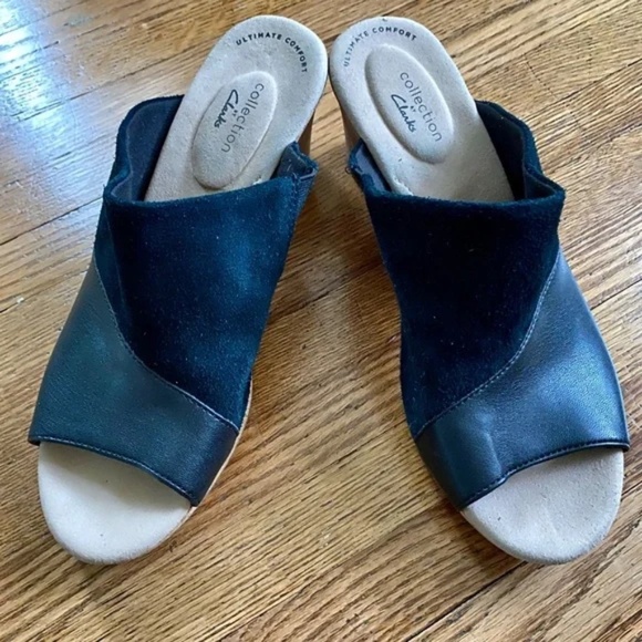 NWT Clarks Two-Tone Lafley Wave Leather Black Wedge Size 9.5 - Picture 1 of 8